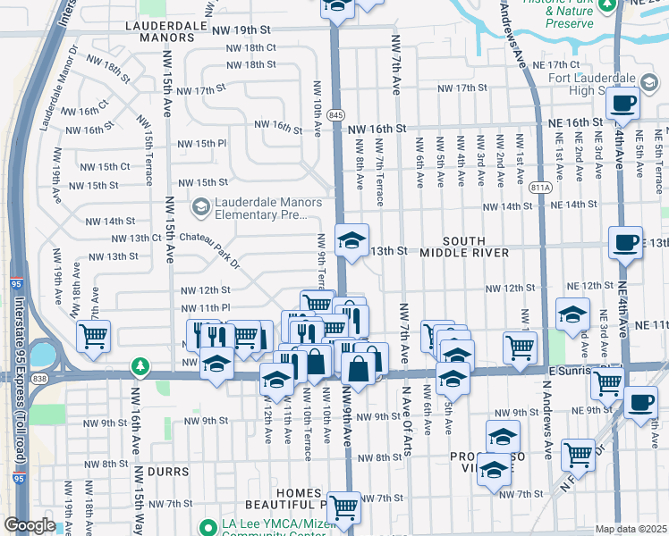map of restaurants, bars, coffee shops, grocery stores, and more near 1151 Northwest 9th Avenue in Fort Lauderdale