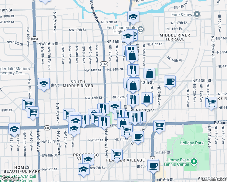 map of restaurants, bars, coffee shops, grocery stores, and more near 1201 Northeast 1st Avenue in Fort Lauderdale