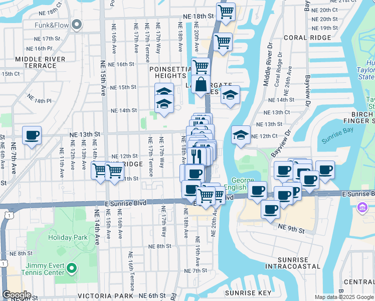map of restaurants, bars, coffee shops, grocery stores, and more near 1212 Northeast 18th Avenue in Fort Lauderdale
