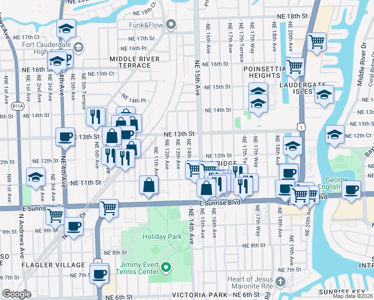 map of restaurants, bars, coffee shops, grocery stores, and more near 1233 Northeast 14th Avenue in Fort Lauderdale