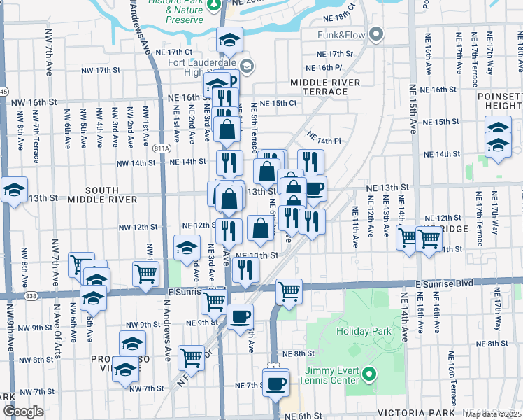 map of restaurants, bars, coffee shops, grocery stores, and more near 514 Northeast 13th Street in Fort Lauderdale