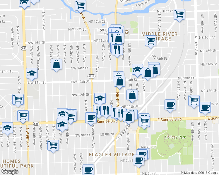 map of restaurants, bars, coffee shops, grocery stores, and more near 206 Northeast 13th Street in Fort Lauderdale