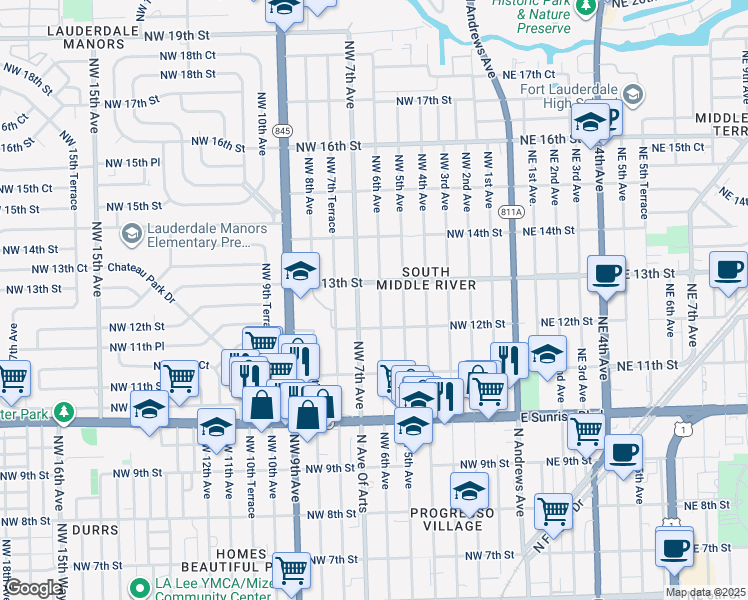 map of restaurants, bars, coffee shops, grocery stores, and more near 1300 Northwest 7th Avenue in Fort Lauderdale