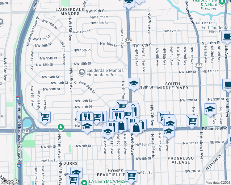 map of restaurants, bars, coffee shops, grocery stores, and more near 925 Northwest 13th Street in Fort Lauderdale
