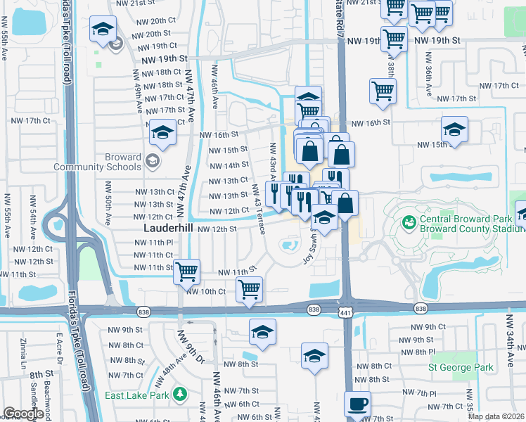 map of restaurants, bars, coffee shops, grocery stores, and more near 24 Northwest 43 Terrace in Lauderhill