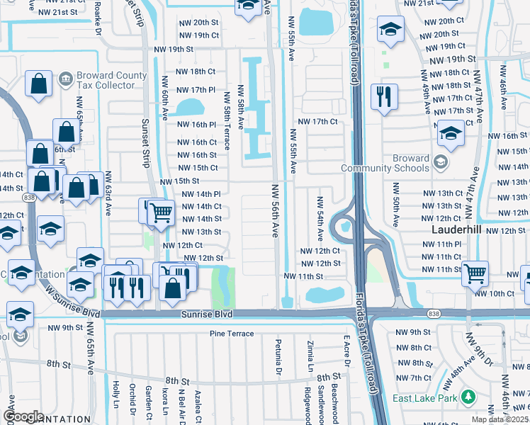 map of restaurants, bars, coffee shops, grocery stores, and more near 5600 Northwest 14th Court in Lauderhill