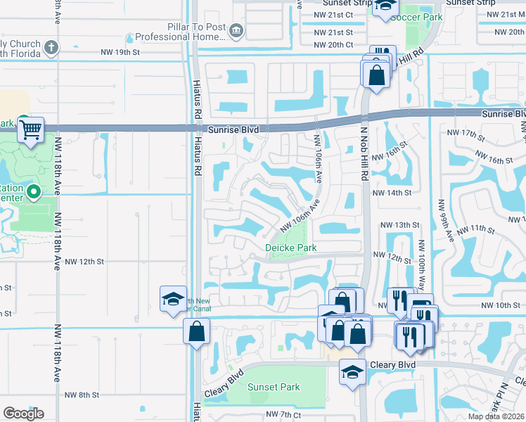 map of restaurants, bars, coffee shops, grocery stores, and more near 10749 Northwest 12th Manor in Plantation