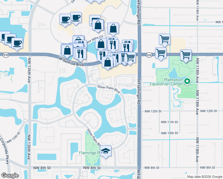 map of restaurants, bars, coffee shops, grocery stores, and more near 1560 Northwest 128th Drive in Sunrise