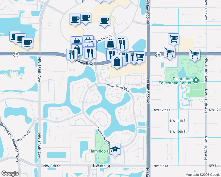 map of restaurants, bars, coffee shops, grocery stores, and more near 1520 Northwest 128th Drive in Sunrise