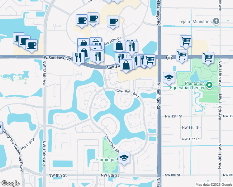 map of restaurants, bars, coffee shops, grocery stores, and more near 1520 Northwest 128th Drive in Sunrise