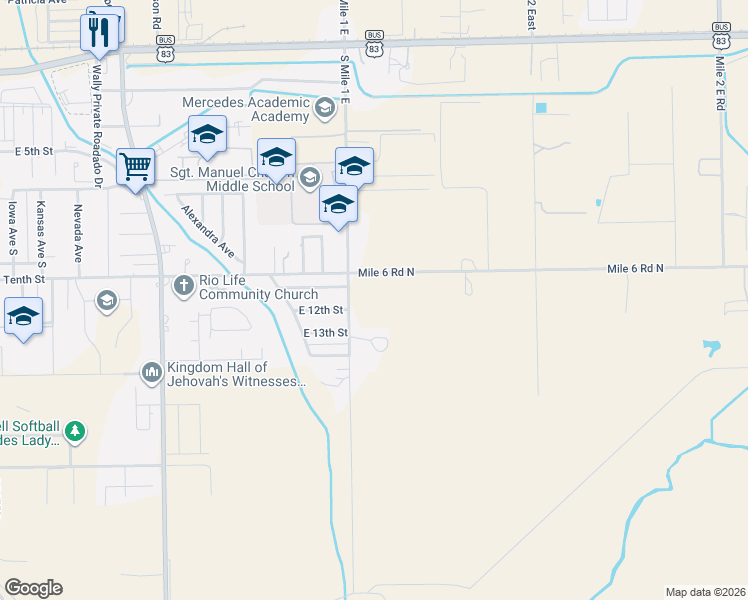 map of restaurants, bars, coffee shops, grocery stores, and more near 904 South Mile 1 East in Mercedes
