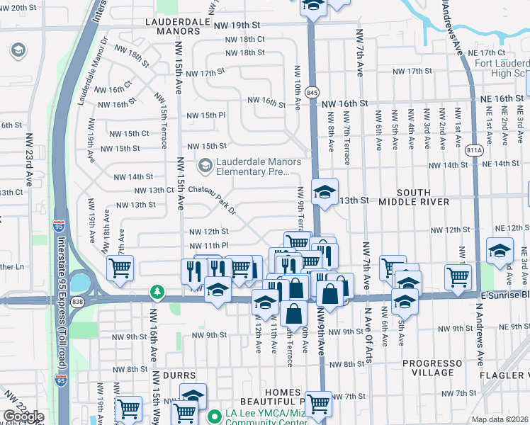 map of restaurants, bars, coffee shops, grocery stores, and more near 1013 Northwest 13th Street in Fort Lauderdale