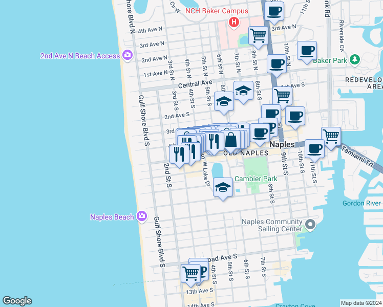 map of restaurants, bars, coffee shops, grocery stores, and more near 360 4th Avenue South in Naples