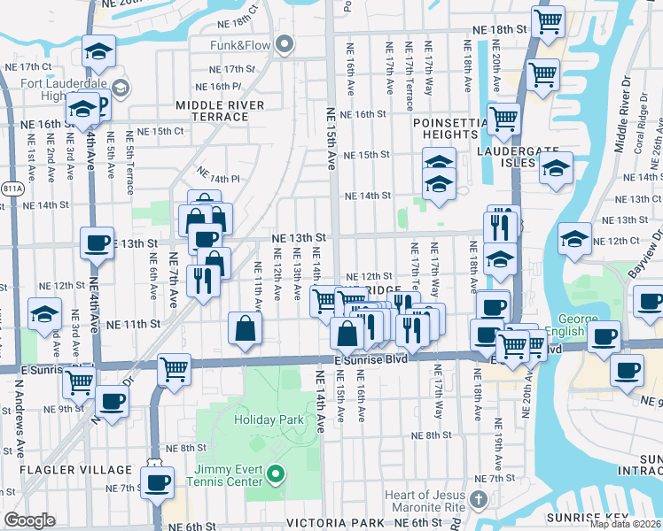 map of restaurants, bars, coffee shops, grocery stores, and more near 1230 Northeast 15th Avenue in Fort Lauderdale