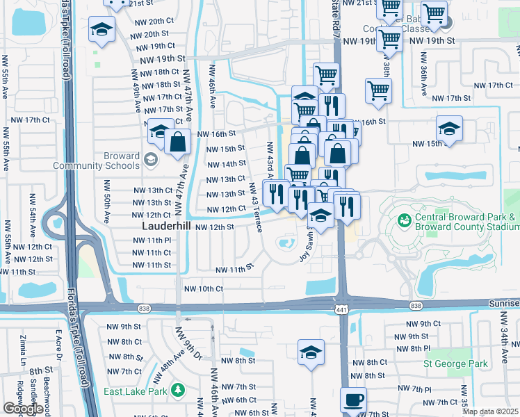 map of restaurants, bars, coffee shops, grocery stores, and more near 24 Northwest 43 Terrace in Lauderhill
