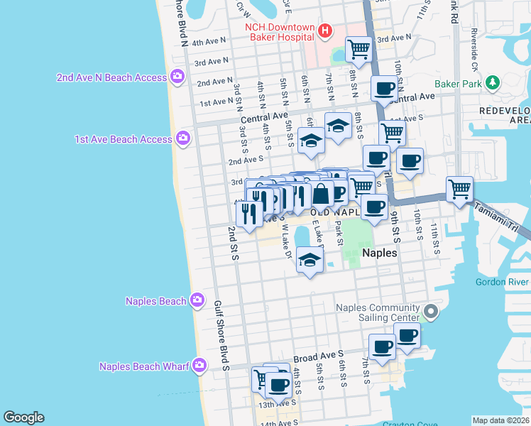 map of restaurants, bars, coffee shops, grocery stores, and more near 360 4th Avenue South in Naples