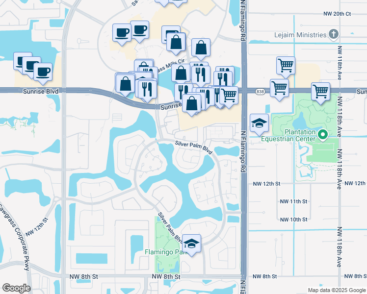 map of restaurants, bars, coffee shops, grocery stores, and more near 1560 Northwest 128th Drive in Sunrise