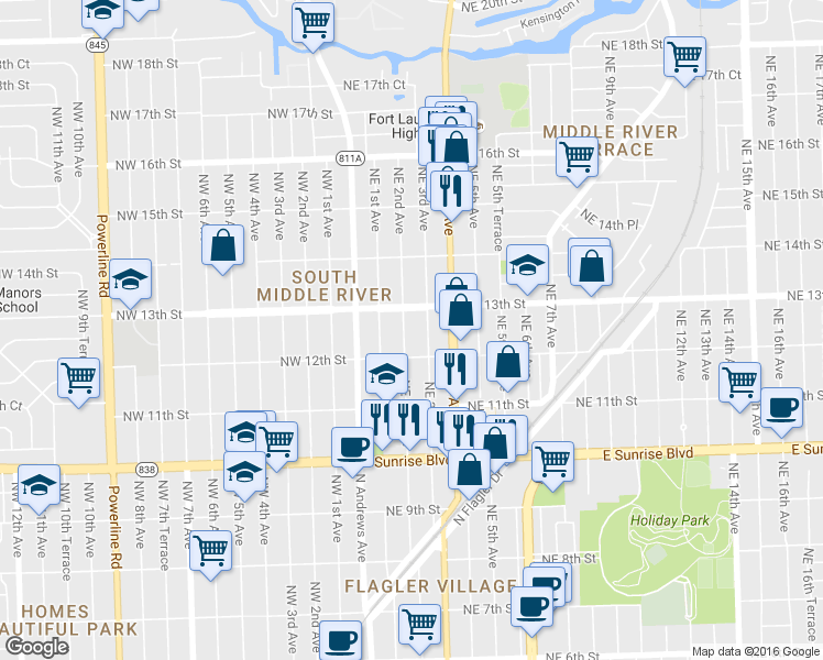 map of restaurants, bars, coffee shops, grocery stores, and more near 206 Northeast 13th Street in Fort Lauderdale