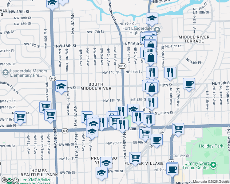 map of restaurants, bars, coffee shops, grocery stores, and more near 1244 Northwest 1st Avenue in Fort Lauderdale
