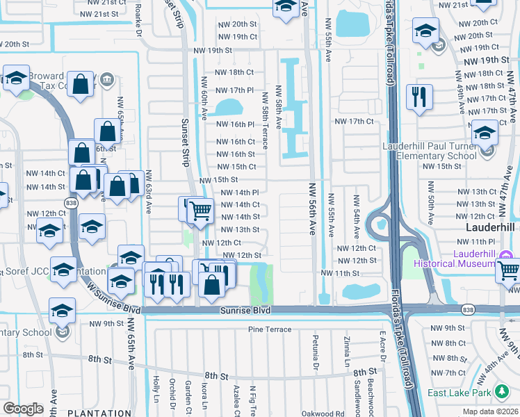 map of restaurants, bars, coffee shops, grocery stores, and more near 5870 Northwest 14th Place in Sunrise