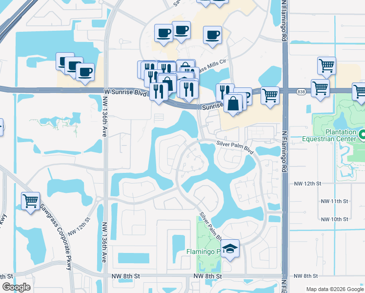 map of restaurants, bars, coffee shops, grocery stores, and more near 1484 Northwest 129th Way in Sunrise