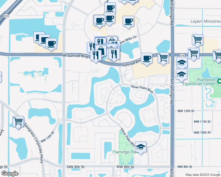 map of restaurants, bars, coffee shops, grocery stores, and more near 1484 Northwest 129th Way in Sunrise
