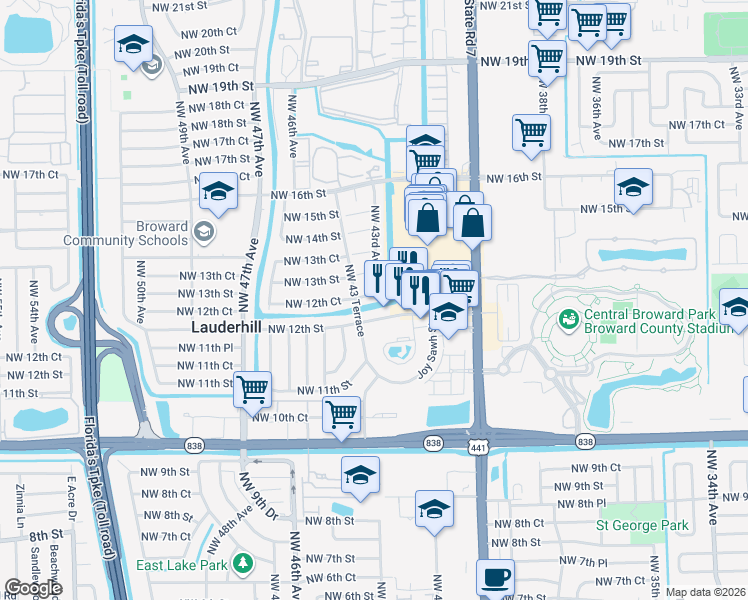 map of restaurants, bars, coffee shops, grocery stores, and more near 18 Northwest 43rd Avenue in Lauderhill