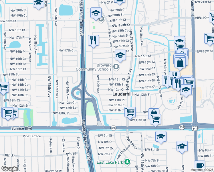 map of restaurants, bars, coffee shops, grocery stores, and more near 4920 Northwest 13th Court in Lauderhill