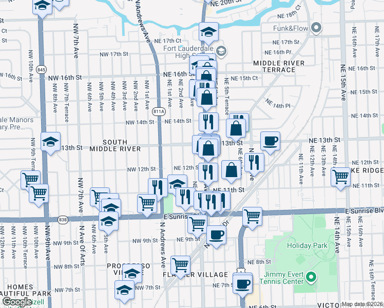 map of restaurants, bars, coffee shops, grocery stores, and more near 206 Northeast 13th Street in Fort Lauderdale