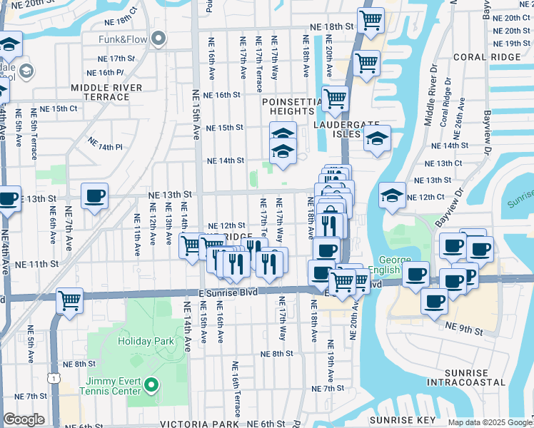 map of restaurants, bars, coffee shops, grocery stores, and more near 1212 Northeast 17th Terrace in Fort Lauderdale