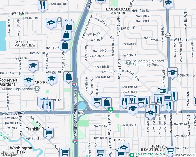 map of restaurants, bars, coffee shops, grocery stores, and more near 1701 Northwest 13th Street in Fort Lauderdale