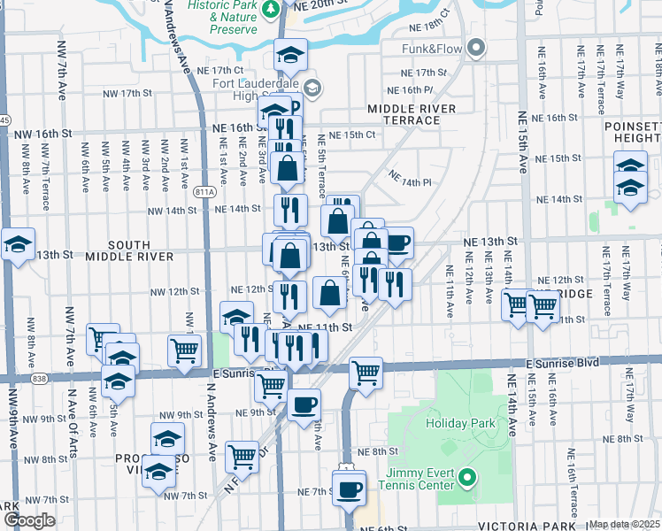 map of restaurants, bars, coffee shops, grocery stores, and more near 514 Northeast 13th Street in Fort Lauderdale