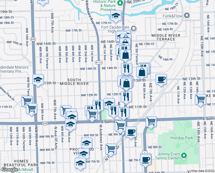 map of restaurants, bars, coffee shops, grocery stores, and more near 1244 Northeast 1st Avenue in Fort Lauderdale