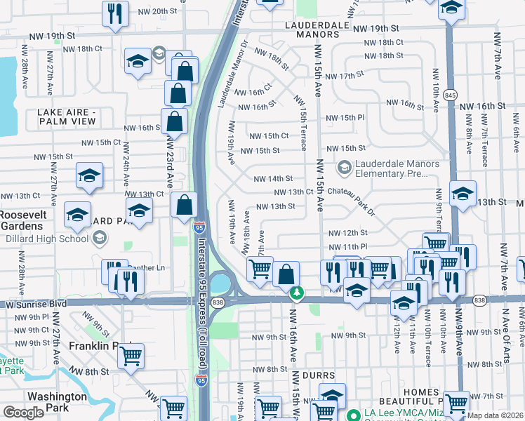 map of restaurants, bars, coffee shops, grocery stores, and more near 1701 Northwest 13th Street in Fort Lauderdale