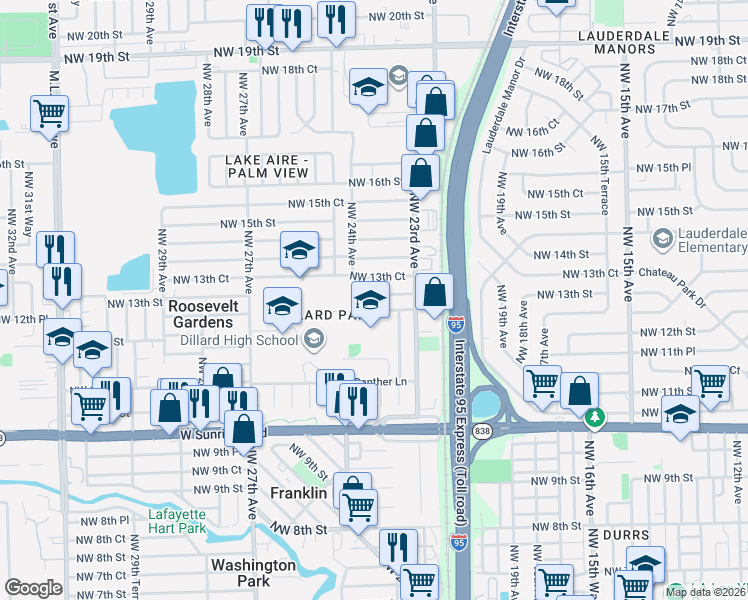 map of restaurants, bars, coffee shops, grocery stores, and more near 2335 Northwest 13th Street in Fort Lauderdale