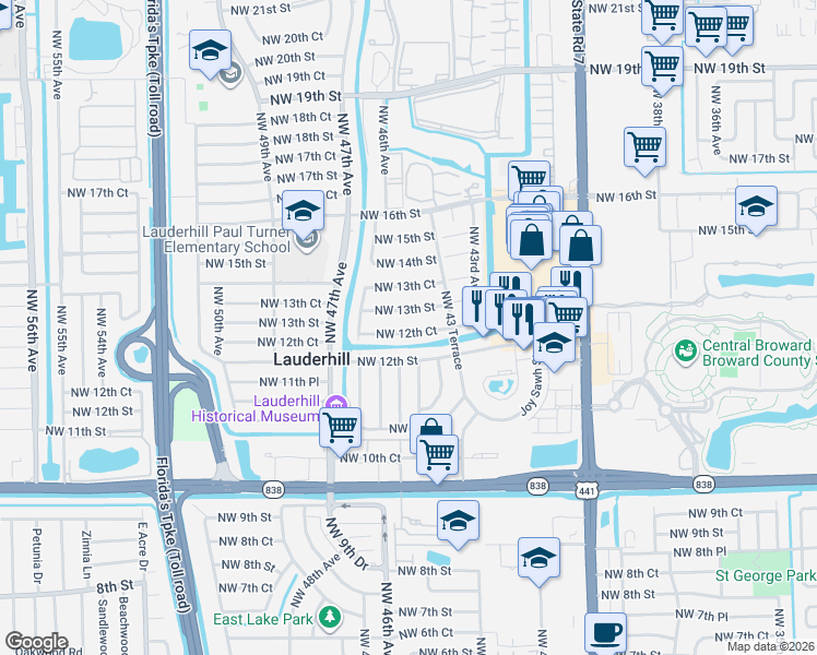 map of restaurants, bars, coffee shops, grocery stores, and more near 4430 Northwest 13th Street in Lauderhill