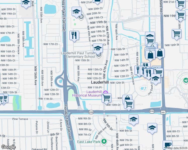 map of restaurants, bars, coffee shops, grocery stores, and more near 4810 Northwest 13th Court in Lauderhill