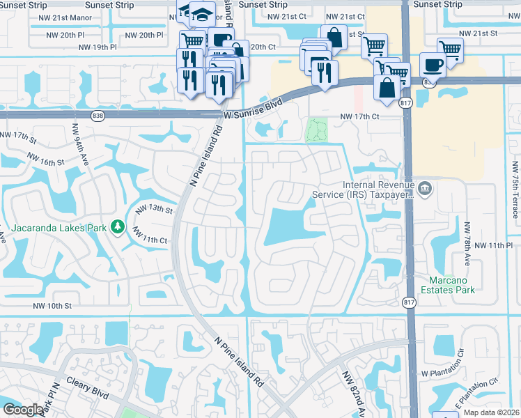map of restaurants, bars, coffee shops, grocery stores, and more near 1340 Northwest 87th Lane in Plantation