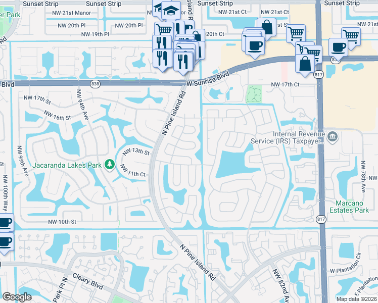 map of restaurants, bars, coffee shops, grocery stores, and more near 8950 Northwest 13th Street in Plantation