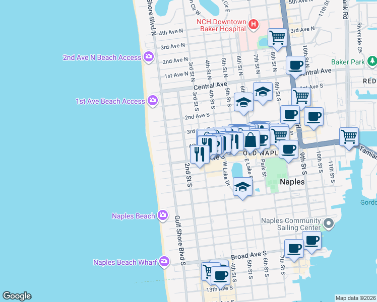 map of restaurants, bars, coffee shops, grocery stores, and more near 265 4th Avenue South in Naples