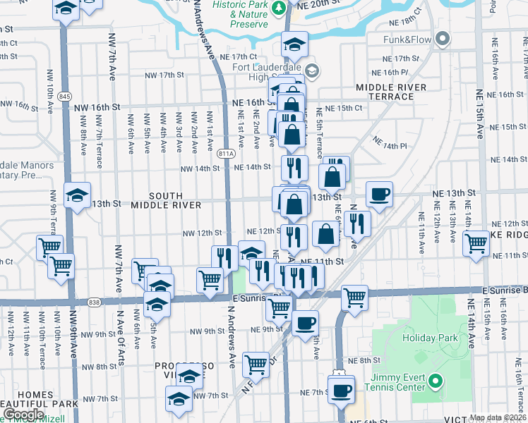 map of restaurants, bars, coffee shops, grocery stores, and more near 206 Northeast 13th Street in Fort Lauderdale
