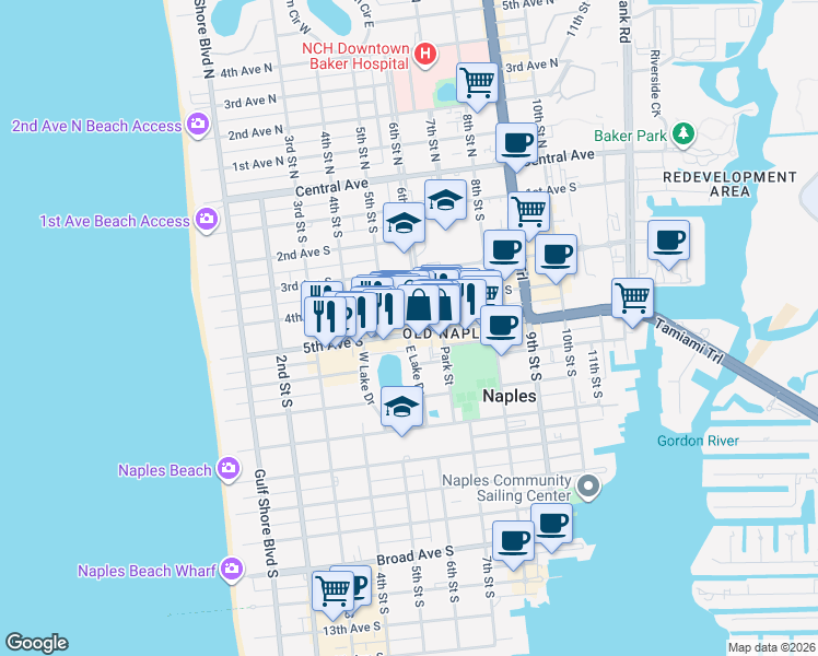 map of restaurants, bars, coffee shops, grocery stores, and more near 555 5th Avenue South in Naples
