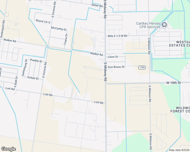 map of restaurants, bars, coffee shops, grocery stores, and more near 1702 Midway Road in Weslaco