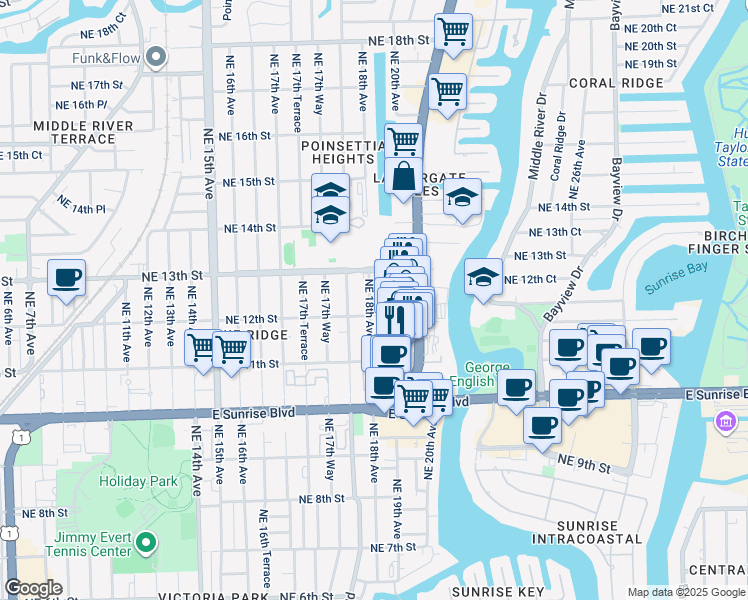 map of restaurants, bars, coffee shops, grocery stores, and more near 1223 Northeast 18th Avenue in Fort Lauderdale