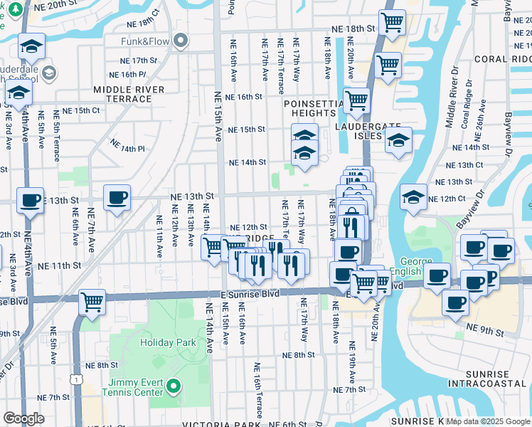 map of restaurants, bars, coffee shops, grocery stores, and more near 1228 Northeast 17th Avenue in Fort Lauderdale