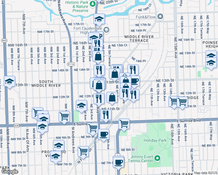 map of restaurants, bars, coffee shops, grocery stores, and more near 514 Northeast 13th Street in Fort Lauderdale
