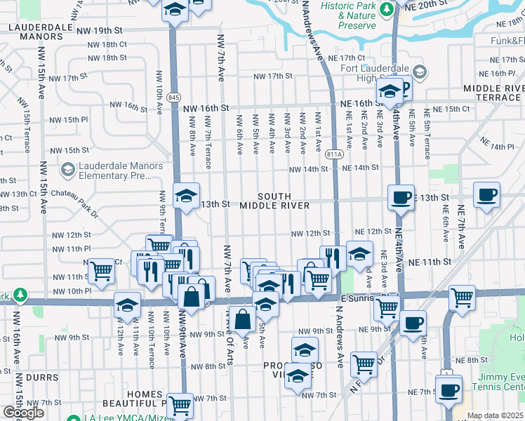 map of restaurants, bars, coffee shops, grocery stores, and more near 501 Northwest 13th Street in Fort Lauderdale
