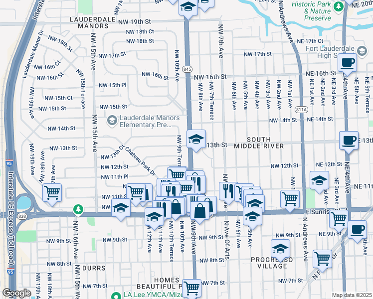 map of restaurants, bars, coffee shops, grocery stores, and more near 1300 Northwest 9th Avenue in Fort Lauderdale