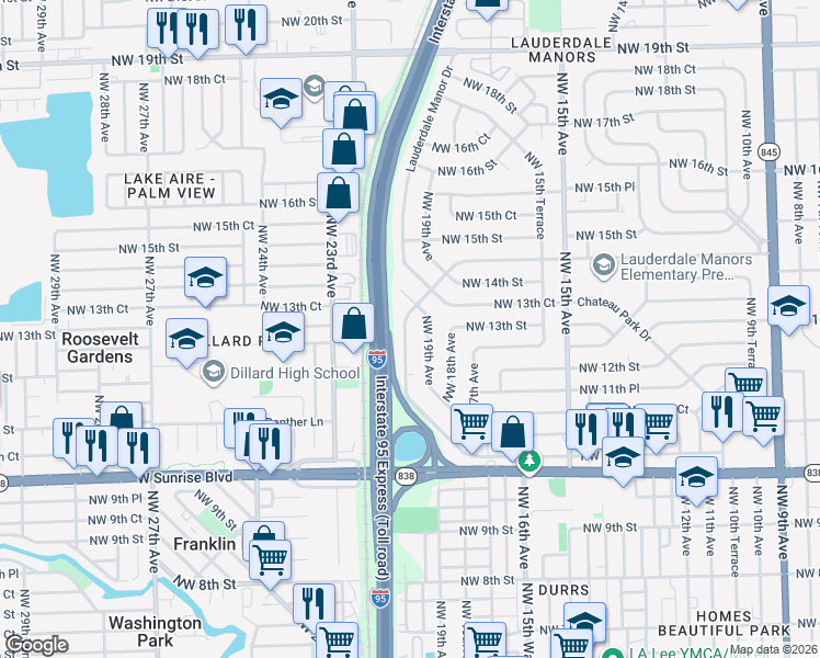 map of restaurants, bars, coffee shops, grocery stores, and more near 1734 Lauderdale Manor Drive in Fort Lauderdale