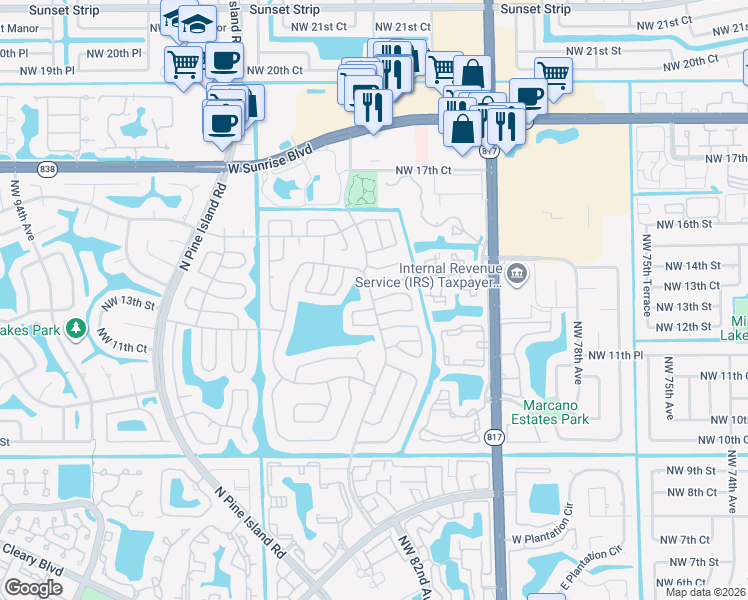 map of restaurants, bars, coffee shops, grocery stores, and more near 1410 Northwest 85th Avenue in Plantation